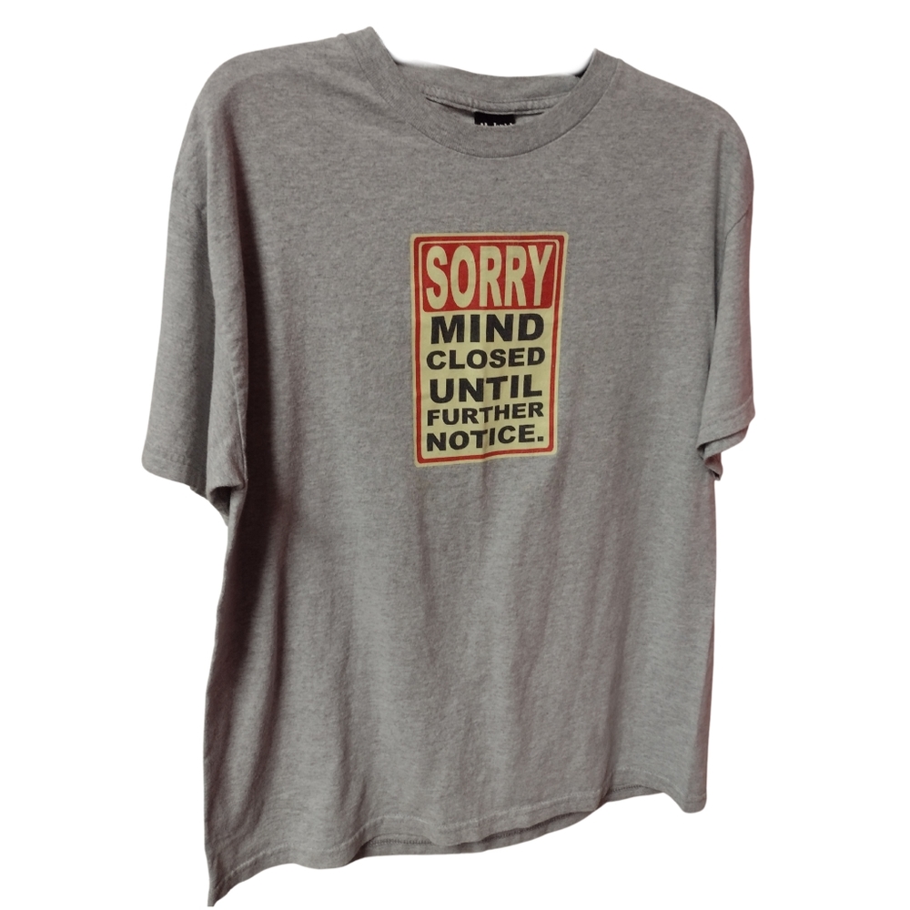 E) Hybrid Tees Men’s Graphic T-Shirt – Size Large – “Sorry Mind Closed Until Fur